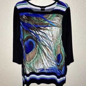 Eva Varro Black Blue Peacock Feather Pattern Art to Wear Top Women's Size M